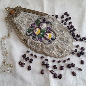 Beaded Evening Bag Purse w Embroidered Pansies New